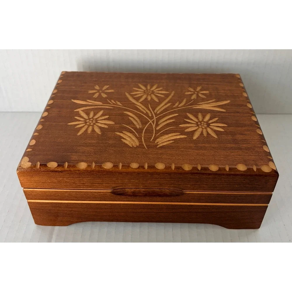 Vintage Edelweiss Music Box| Handcrafted Etched Wood | Swiss | Keepsake Jewelry